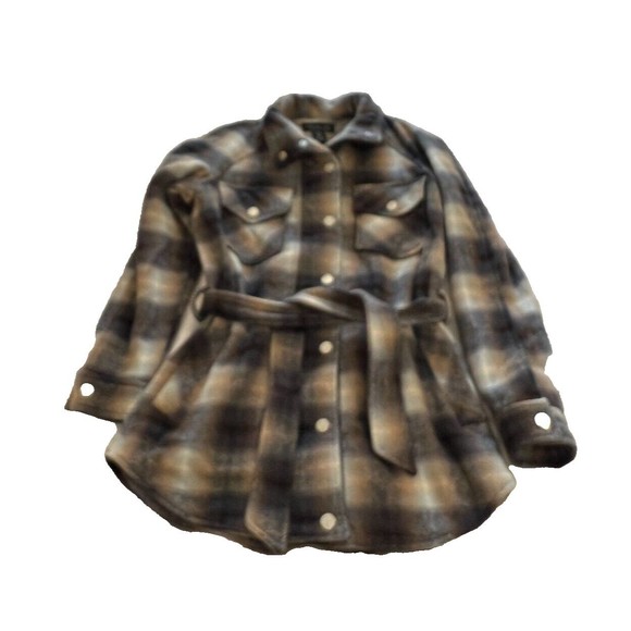 Rachel Zoe Womens Heavy Coat Wool Blend Brown & Gray Plaid W/Belt & Snap Buttons - Picture 3 of 9